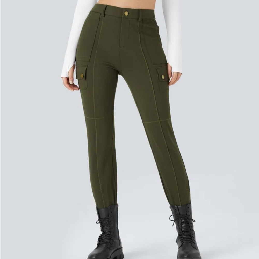 High Waisted Button Zipper Multiple Pockets Solid Skinny Cargo Pants